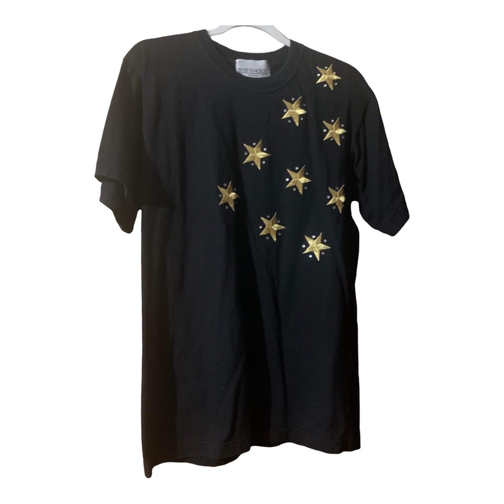 BOB MACKIE STUDIO Cotton Black Tee With Gold Stars & Rhinestone Accents Size S